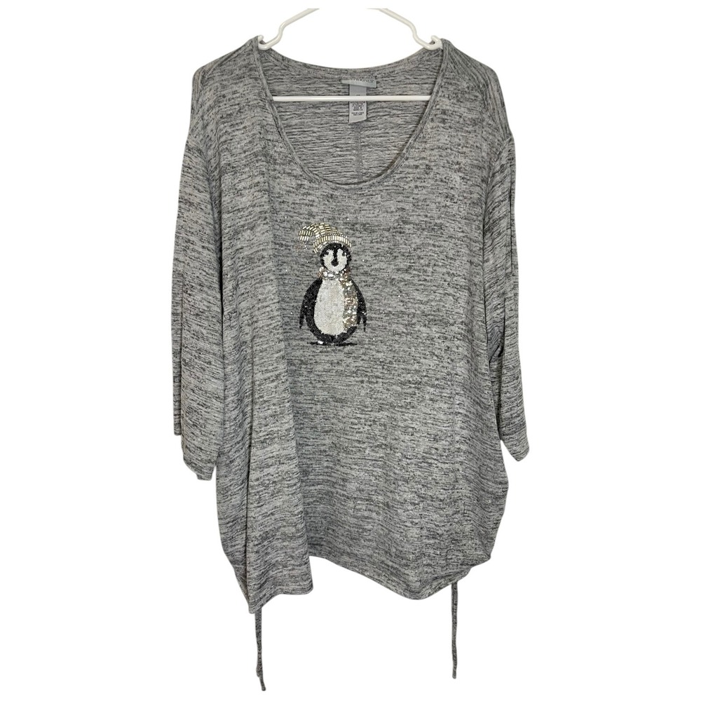 Catherines 4X 30/32W Gray Top Sequin Penguin Ruched Side Holiday Winter Festive